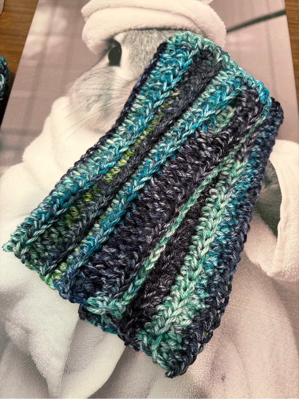 Handmade Crochet Fingerless Gloves Blue Green Boho Wrist Warmers - Picture 4 of 4